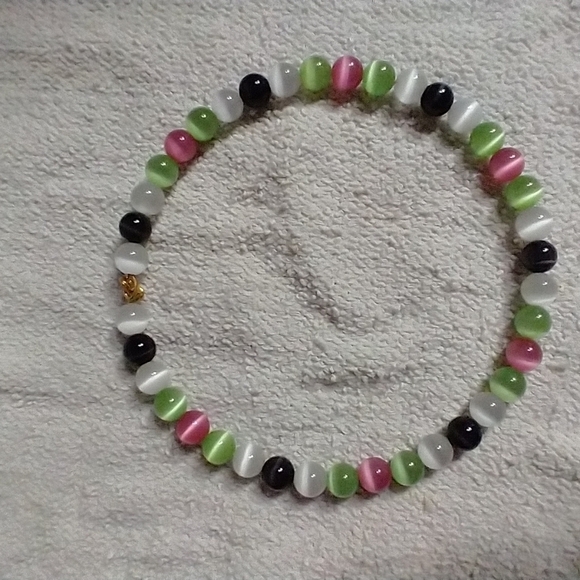 Multi color cats eye choker collar necklace pink green white black 15 inches - Picture 2 of 3